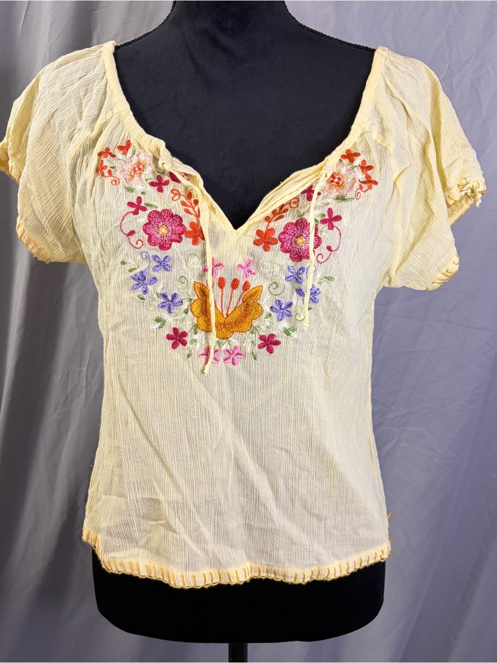 American Eagle Outfitters Light Yellow Embroidered Flutter Top
